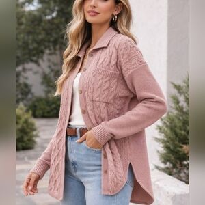Davi & Dani Dusty Rose Patchwork Cable Knit Cardigan Shacket Collared Button Up